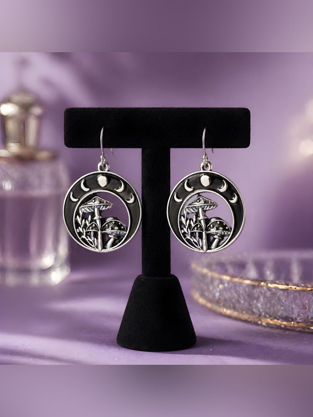 Silver & Black Mushroom Moon Phase Drop Earrings - Hypoallergenic Hooks
